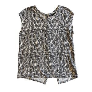 Tahari Womens Large 100% Linen Palm Print Sleeveless Button Back Shell Top Black